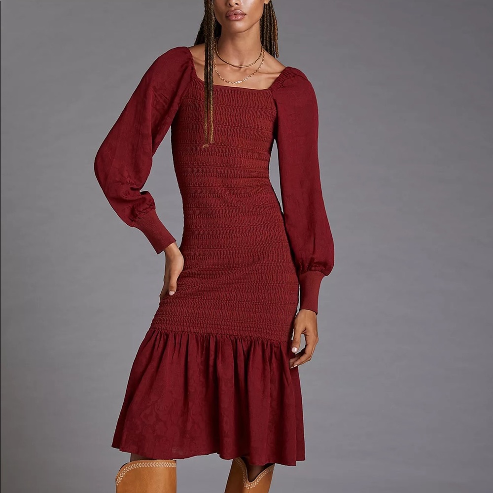 ANTHROPOLOGY Rust Smocked Midi Dress S